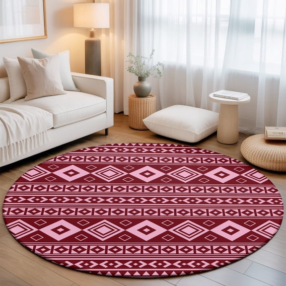 Pink Boho 7' Round Rug for Living Room Conversation Area, Moroccan Geometric Striped Folk Modern Farm Maroon Washable Non Slip Large Circle Area Rug