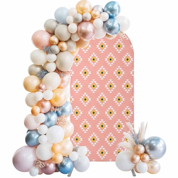Pink Boho Arch Backdrop Cover 7.2Ft, Wedding Arch Covers Stretchy Backdrop, Aztec Southwest Geometric Ethnic Motifs Fitted 2 Sided Arched Photo Background for Birthday Party Decorations