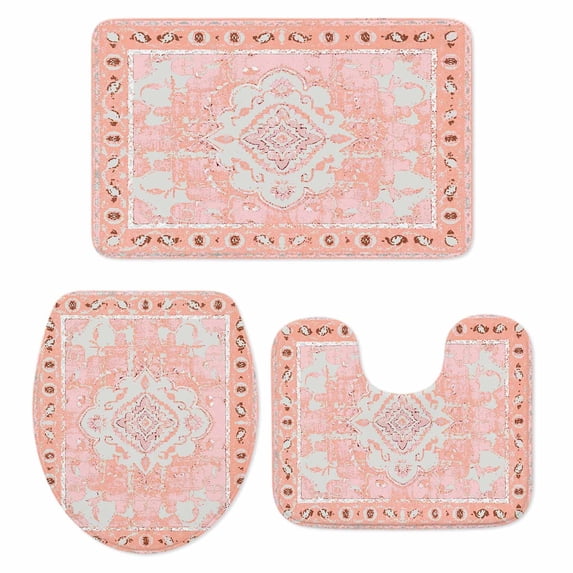 Pink Boho Bath Mat 3 Piece Bathroom Rug Set, Vintage Abstract Tribal Decorative Oriental Non Slip Bath Rug Contour Mat and Toilet Lid Cover, Absorbent Shower Mats Soft Bath Rugs and Mats Sets