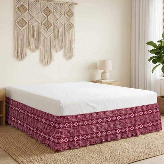 Pink Boho Bed Skirt Bed Skirts Queen Size 16 Inch Drop, Moroccan Geometric Striped Folk Modern Farm Maroon Wrap Around Dust Ruffle Bedskirt with Adjustable Elastic Belt for Queen Size Beds