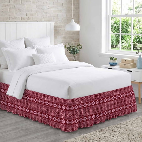 Pink Boho Bed Skirt Queen Size 16 Inch Drop, Moroccan Geometric Striped Folk Modern Farm Maroon Adjustable Elastic Dust Ruffles Bedskirt for Queen Bed Wrap Around Pleated Mattress Frame Cover