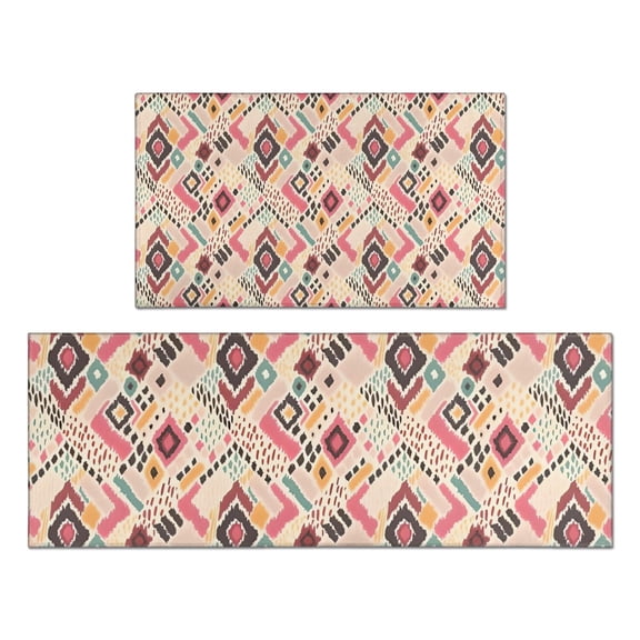 Pink Boho Bohemia Geometric Diamonds Pattern Kitchen Rugs Sets Of 2,Anti Fatigue Kitchen Mat Rugs Non Slip Washable,Decorative Kitchen Floor Mats for Kitchen,Sink,Laundry,17"x30"+17"x47"
