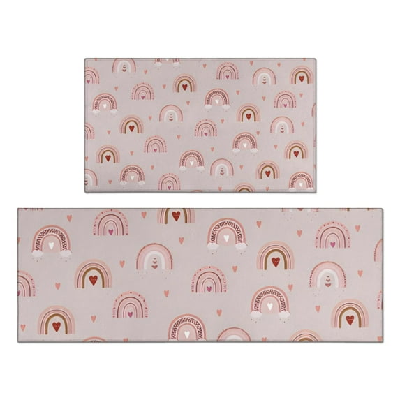 Pink Boho Bohemia Rainbow Hearts Pattern Kitchen Rugs Sets Of 2,Anti Fatigue Kitchen Mat Rugs Non Slip Washable,Decorative Kitchen Floor Mats for Kitchen,Sink,Laundry,17"x30"+17"x47"