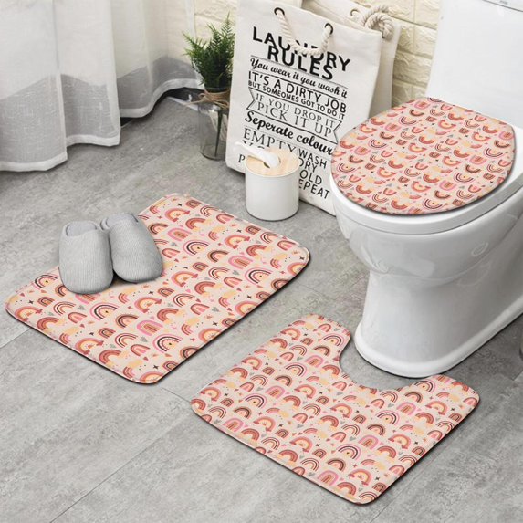 Pink Boho Bohemia Rainbows Hearts Stars Pattern Bathroom Rugs Sets 3 Piece,Toilet Cover Set,Absorbent Non Slip Bathroom Mats Sets with U-Shaped Contour Rug Toilet Rug Set