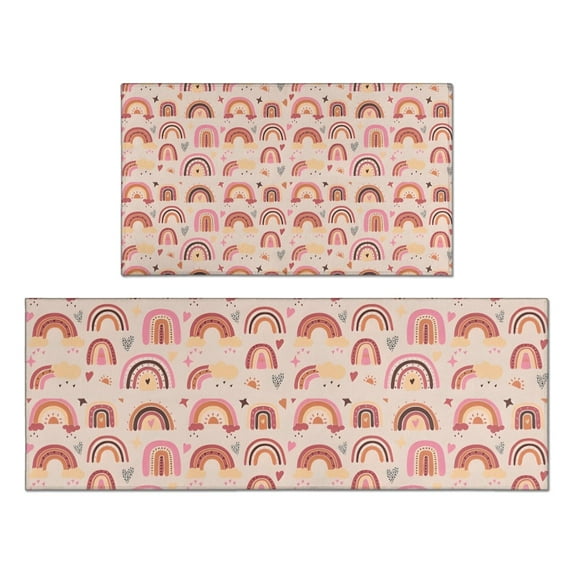 Pink Boho Bohemia Rainbows Hearts Stars Pattern Kitchen Rugs Sets Of 2,Anti Fatigue Kitchen Mat Rugs Non Slip Washable,Decorative Kitchen Floor Mats for Kitchen,Sink,Laundry,17"x30"+17"x47"