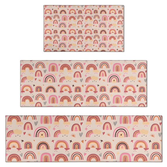 Pink Boho Bohemia Rainbows Hearts Stars Pattern Kitchen Rugs Sets Of 3,Kitchen Runner Rugs Non Skid Washable,Decorative Kitchen Floor Mats for Kitchen,Sink,Laundry,17"x30"+ 17"x47" + 17"x59"