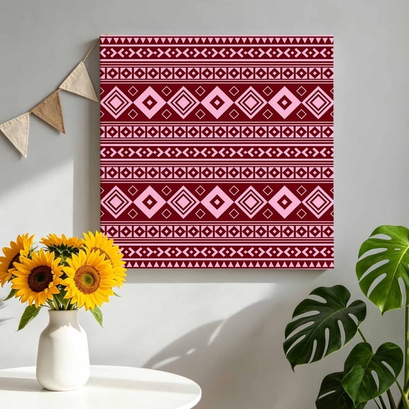 Pink Boho Canvas Wall Art, Moroccan Geometric Striped Folk Modern Farm Maroon Framed Canvas Wall Decor Picture Print Artwork Decorations for Living Room Office Ready to Hang 10" x 10"