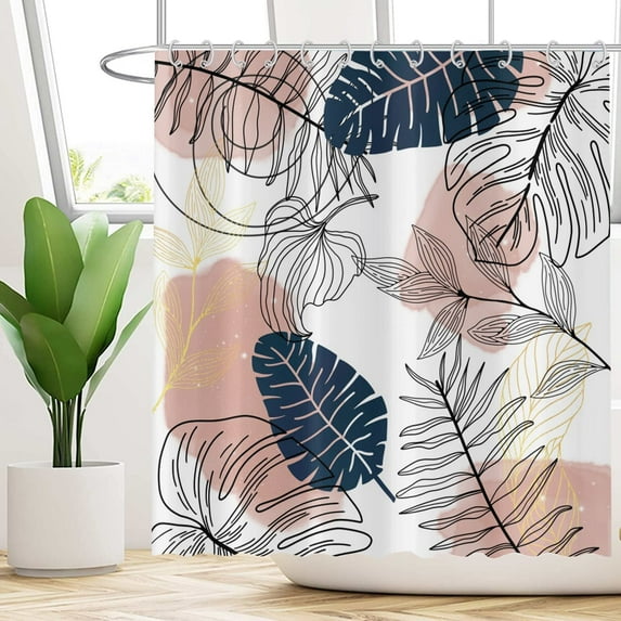 Pink Boho Chic Shower Curtain, Abstract Aesthetic Tropical Leaf with Gold Botanical Branch Modern Bathroom Curtain for Bathtub Home Decor Waterproof Fabric Machine Washable