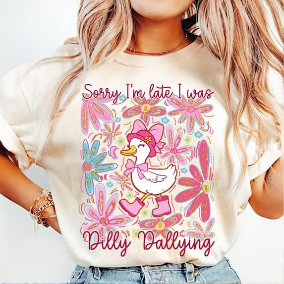 Pink Boho Floral Goose T-shirt, Mama Goose Shirt, Spring Floral Glitter Shirt, Sorry I'm late I was Dilly Dallying Girly Shirt, Bow Duck, Goose Lover TH280504
