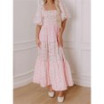 thumbnail image 1 of Pink Boho Floral Print Square Neck Puff Sleeve A-Line Tiered Maxi Dress With Smocked Waist, 1 of 8