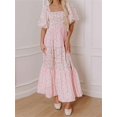thumbnail image 1 of Pink Boho Floral Print Square Neck Puff Sleeve A-Line Tiered Maxi Dress With Smocked Waist, 1 of 8