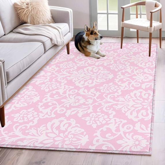 Pink Boho Flowers Area Rugs 3'x5', Washable Small Throw Rugs for Living Room Bedroom, Vintage Ethnic Flowers Botanical Indoor Outdoor Rug Non-Slip Low Pile Carpet Runner Reversible Floor Mats