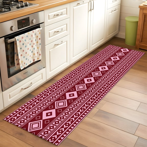 Pink Boho Hallway Washable Runner Rug 2x6 Moroccan Geometric Striped Folk Modern Farm Maroon Low-Profile Area Rugs with Non Slip Backing Indoor Floor Carpet for Entrance Living Room Bedroom