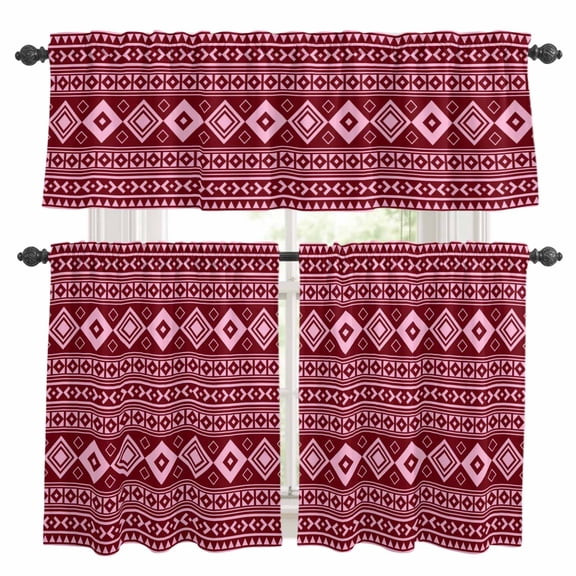 Pink Boho Kitchen Curtains Valances 3 Piece Set, Moroccan Geometric Striped Folk Modern Farm Maroon Rod Pocket Tier Curtain and Valance Drapes for Small Window 24 Inch Length for Bedroom Cafe