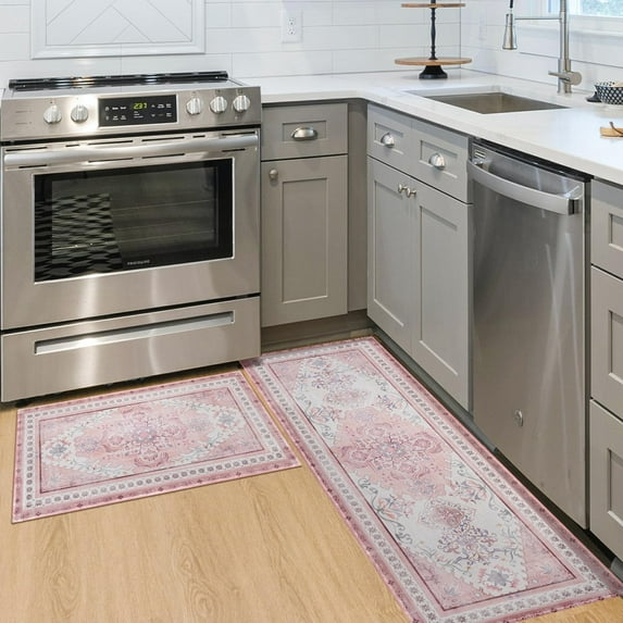 Pink Boho Kitchen Mats for Floor, White Flower Kitchen Rugs Set of 2 Carpet Area Rug, Floral Vintage Farmhouse Pink Boho Kitchen Decor and Accessories Stuff, 17x30 and 17x47 Inch