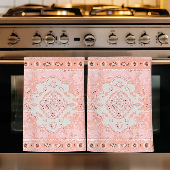 Pink Boho Kitchen Towels Set of 1, Vintage Abstract Tribal Decorative Oriental Absorbent Dish Towels for Kitchen, Microfiber Hand Towel, Quick Drying Tea Towel for Cleaning Decorative Dishcloths