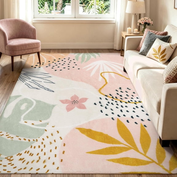 Pink Boho Living Room Rug 6x9, Washable Non Slip Soft Botanical Area Rug for Cozy Family Room Classroom Bedroom Home Decor