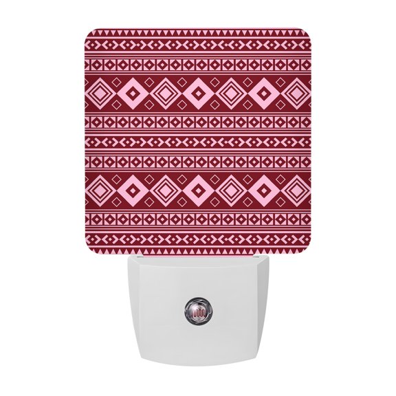 Pink Boho Night Lights, Moroccan Geometric Striped Folk Modern Farm Maroon Smart Auto Dusk to Dawn Sensor Nightlights Plug-in Nightlight for Bedroom Bathroom Living Room Kitchen Hallway