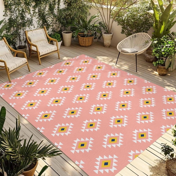 Pink Boho Outdoor Rug 3x5 Ft - Reversible Patio Rug Outdoor Camping Rugs, Aztec Southwest Geometric Ethnic Motifs Washable Indoor Outdoor Area Rugs, Non-Slip Outdoor Carpet Runner for Deck/Porch