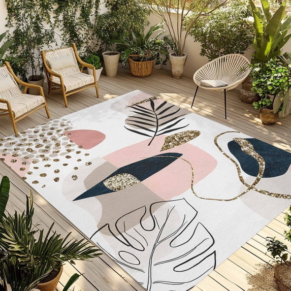Pink Boho Outdoor Rug for Patio/Deck/Porch, Non-Slip Large Area Rug 3 x 5 Ft, Vintage Ethnic Tribe Modern Abstract Art Indoor Outdoor Rugs Washable Area Rugs, Reversible Camping Rug Carpet Runner