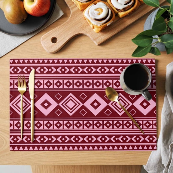 Pink Boho Placemats Set of 6, Moroccan Geometric Striped Folk Modern Farm Maroon Non-Slip Place Mats Washable Table Mats for Kitchen Dining Table Decorations Indoor/Outdoor