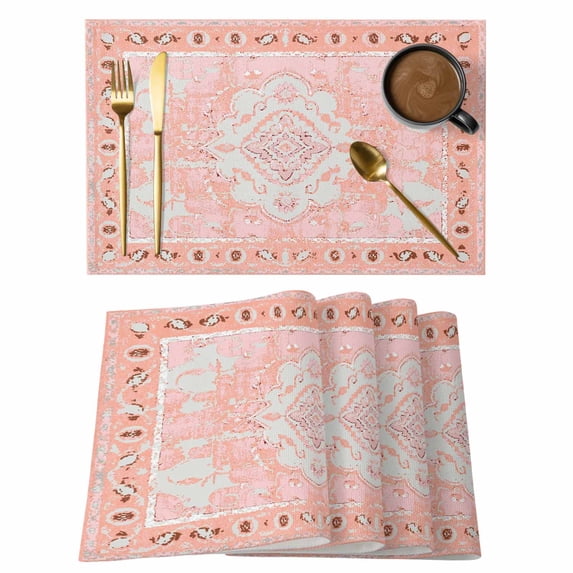 Pink Boho Placemats Set of 6, Vintage Abstract Tribal Decorative Oriental Placemats for Dining Table, Place Mats for Kitchen Tabletop, Waterproof Wipeable Dining Table Mats Set