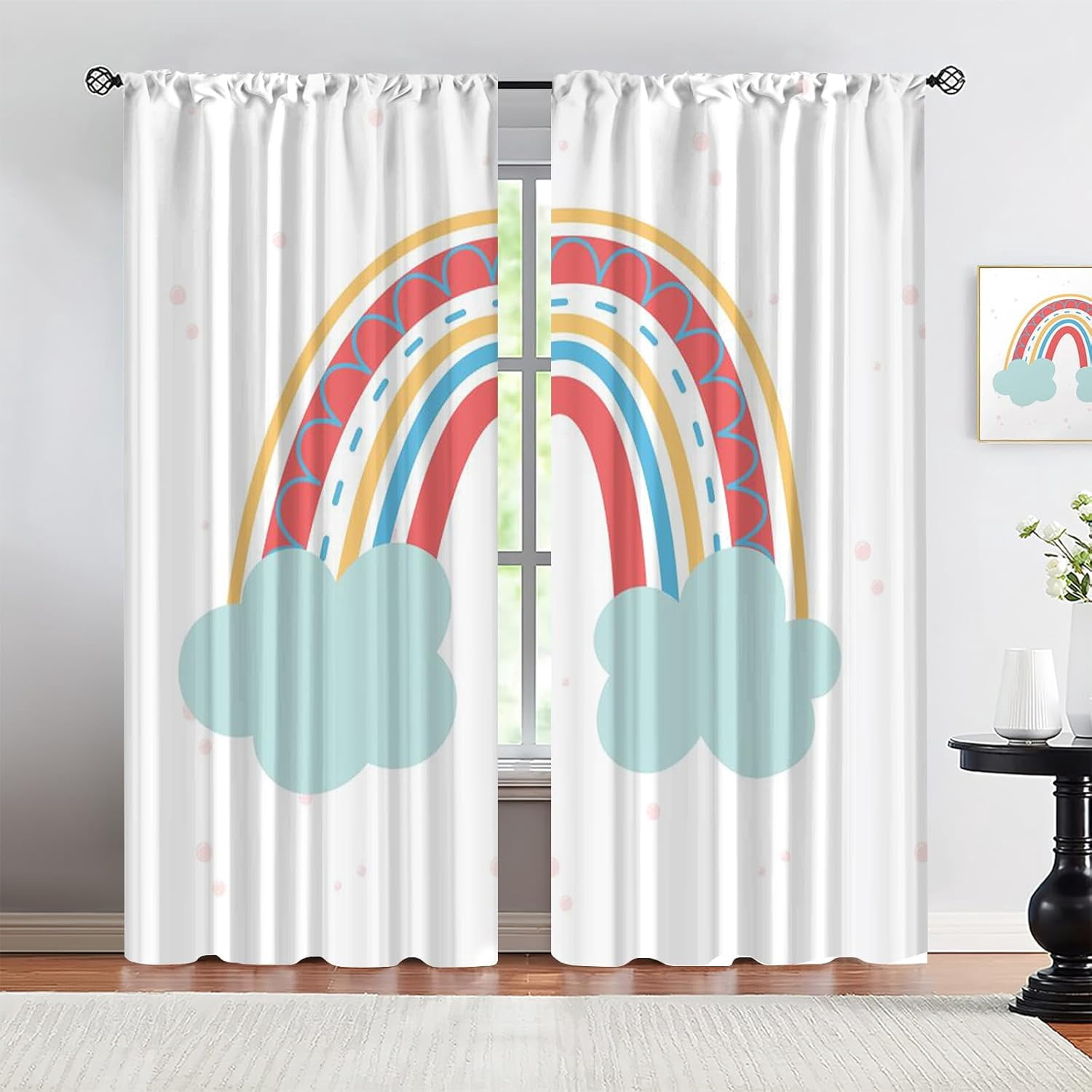 Pink Boho Rainbow Girls Rod Pocket Curtains, Cute Cartoon Cloud ...