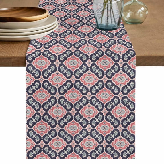 Pink Boho Retro Geometric Table Runner, Ethnic Abstract Pattern Cotton Linen Kitchen Table Decoration Washable Dining Tabletop Runners for Home Party Decor 13x36 Inches