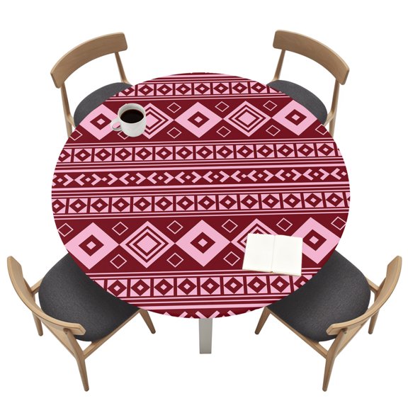 Pink Boho Round Fitted Table Cover Moroccan Geometric Striped Folk Modern Farm Maroon Waterproof Table Cloth with Elastic Edge Wipeable Tablecloth for Picnic Camping Party Fits 45"-54" Tables