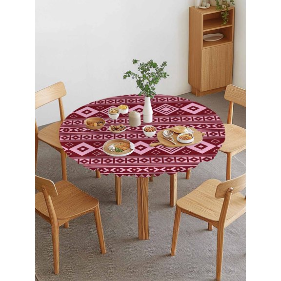 Pink Boho Round Fitted Tablecloth with Elastic Edge, Moroccan Geometric Striped Folk Modern Farm Maroon Waterproof Stretch Table Covers for 36"-44" Tables Wipeable Table Cloth for Outdoor