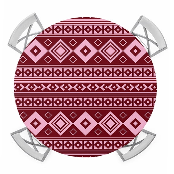 Pink Boho Round Table Cover, Moroccan Geometric Striped Folk Modern Farm Maroon Waterproof Fitted Tablecloths for 45"-54" Tables, Washable Picnic Table Cover for Camping Dining Indoor Outdoor