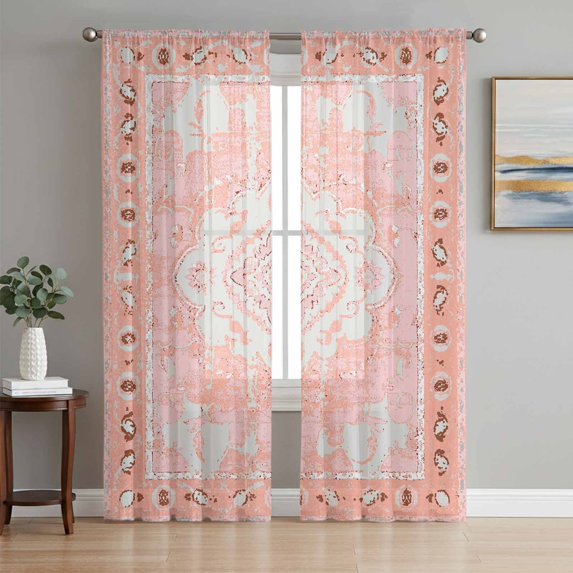 Pink Boho Semi Sheer Curtains 108 Inch Length 2 Panels Set, Vintage Abstract Tribal Decorative Oriental Sheer Kitchen Curtain Privacy Voile Window Curtain for Living Room Bedroom Rod Pocket Drapes