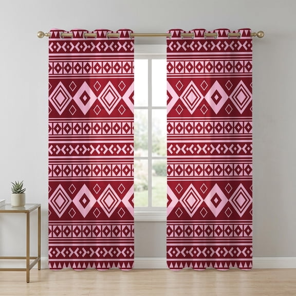 Pink Boho Sheer Curtains 96 Inch Long 2 Panels, Moroccan Geometric Striped Folk Modern Farm Maroon Light Filtering Semi Sheer Drapes Grommet Voile Window Curtain for Living Bedroom W52 x L96