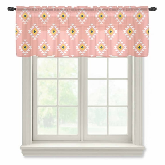 Pink Boho Sheer Curtains Valances for Windows Aztec Southwest Geometric Ethnic Motifs Chiffon Kitchen Valances for Cafe, Rod Pocket Voile Window Treatments Curtains for Living Room Bedroom, 42"x12"