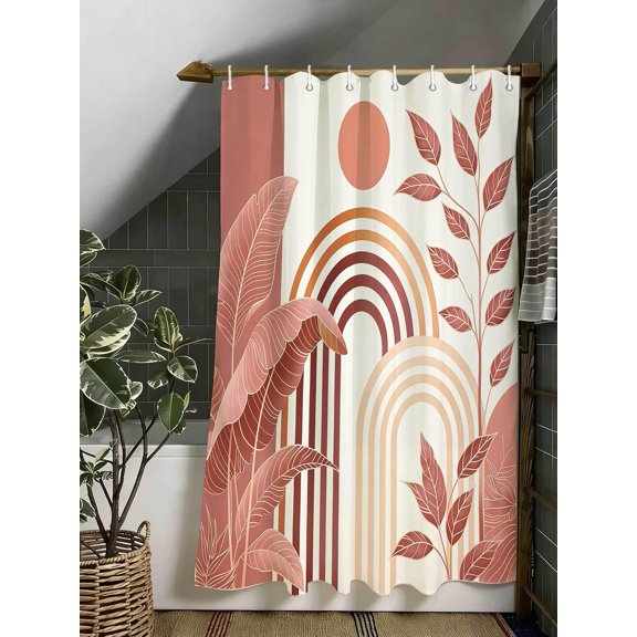 Pink Boho Shower Curtain Mid Century Abstract Boho Aesthetic Spring Summer Nature Leaf Sun Modern Minimalist Shower Curtains Decor with Hooks 36X72 Inches