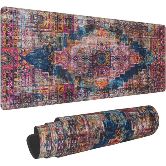 Pink Boho Style Vintage Large Gaming Mouse Pad, Extended Big Keyboard Mouse Mat, Long Computer Gaming Mousepad for Home Office Work Desk Stitched Eges Non-Slip Base Mouse Pads Mat