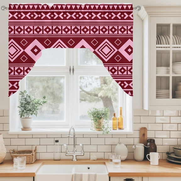 Pink Boho Swag Curtain Valance for Windows, Moroccan Geometric Striped Folk Modern Farm Maroon Swag Curtains Drapes Rod Pocket for Kitchen Bathroom Small Window, 1 Panel 56x36in