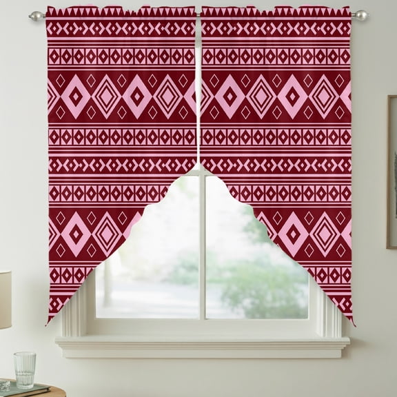 Pink Boho Swag Kitchen Curtain Valances, Moroccan Geometric Striped Folk Modern Farm Maroon Rod Pocket Curtains Window Treatment Decor Valances for Bedroom Bathroom, 2 Panels 36 x 45 Inch
