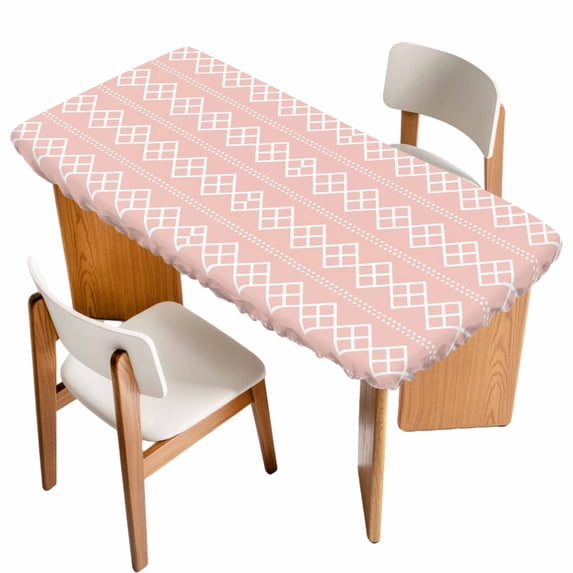 Pink Boho Table Cloths for 3 Foot Rectangle Tables, Vintage Ethnic Tribe Abstract Art Patio Waterproof Elastic Fitted Tablecloths, Washable Rectangular Table Cover for Camping