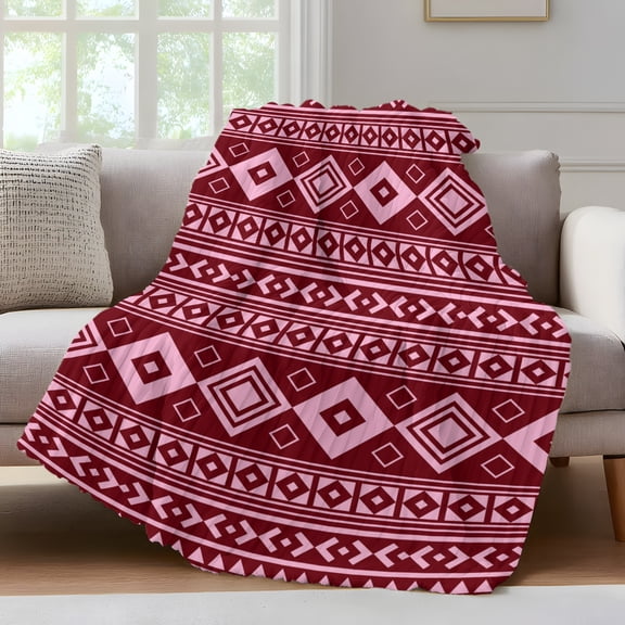 Pink Boho Throw Blanket for Couch Moroccan Geometric Striped Folk Modern Farm Maroon Soft and Warm Flannel 3D Striped Fluffy Fuzzy Fleece Blanket Lightweight Throw for Bed, Sofa 30 x 40 Inches