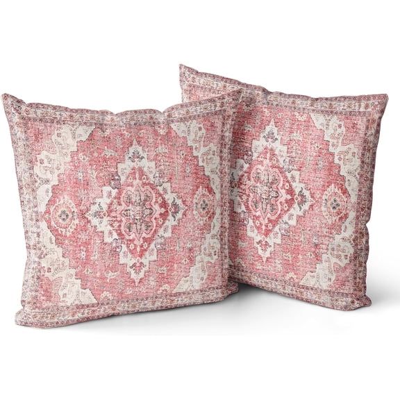 Pink Boho Throw Pillow Covers Set of 2 Boho Rug Carpet Double Sided Pattern Cotton Soft Pillow Case Cushion Cover Pillowcase for Garden Couch Sofa Bed Decorative 18x18 inch