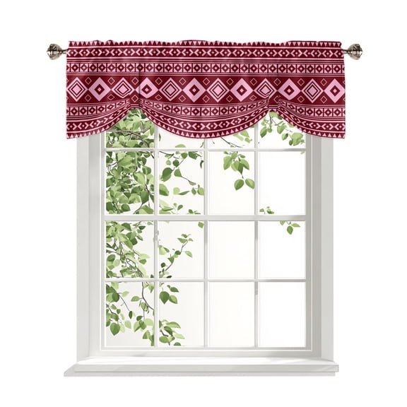 Pink Boho Tie Up Valances Curtain, Moroccan Geometric Striped Folk Modern Farm Maroon Adjustable Rod Pocket Short Window Treatment Tie Up Curtains Valances for Kitchen Living Room Bathroom 42x12 Inch