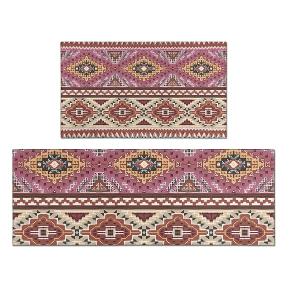 Pink Boho Tribal Diamonds and Triangles Pattern Kitchen Rugs Sets Of 2,Anti Fatigue Kitchen Mat Rugs Non Slip Washable,Decorative Kitchen Floor Mats for Kitchen,Sink,Laundry,17"x30"+17"x47"