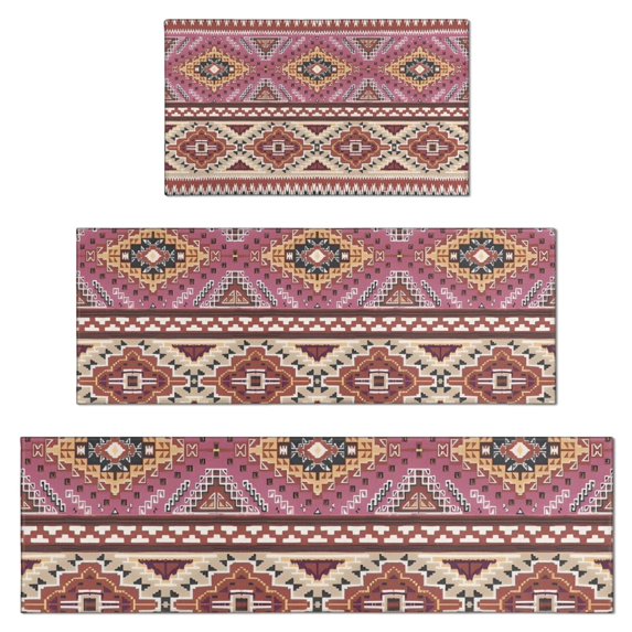 Pink Boho Tribal Diamonds and Triangles Pattern Kitchen Rugs Sets Of 3,Kitchen Runner Rugs Non Skid Washable,Decorative Kitchen Floor Mats for Kitchen,Sink,Laundry,17"x30"+ 17"x47" + 17"x59"
