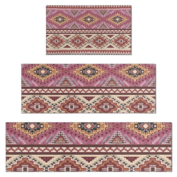 Pink Boho Tribal Diamonds and Triangles Pattern Kitchen Rugs Sets Of 3,Kitchen Runner Rugs Non Skid Washable,Decorative Kitchen Floor Mats for Kitchen,Sink,Laundry,17"x30"+ 17"x47" + 17"x59"