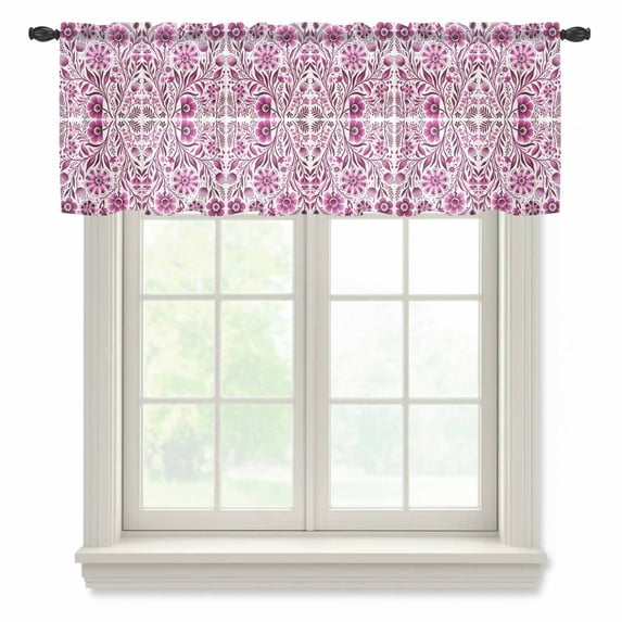 Pink Boho Valance Curtains for Kitchen/Living Room/Bathroom/Bedroom Window, Rod Pocket Small Topper Half Short Window Curtains Voile Sheer Scarf, Ethnic Tribal Floral Abstract Art Aesthetics 60"x18"
