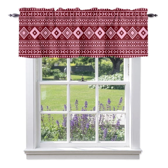 Pink Boho Valances for Windows, Moroccan Geometric Striped Folk Modern Farm Maroon Rod Pocket Valance Short Window Treatments Curtains for Kitchen Bathroom Bedroom Decor, 42 x 12 Inches
