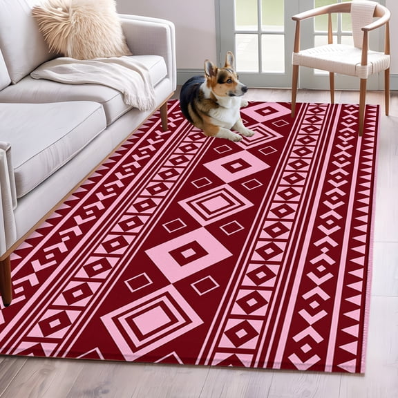 Pink Boho Washable Area Rug 4x6 Moroccan Geometric Striped Folk Modern Farm Maroon Low-Profile Large Area Rugs with Non Slip Backing Indoor Floor Carpet for Entrance Living Room Bedroom Home Office
