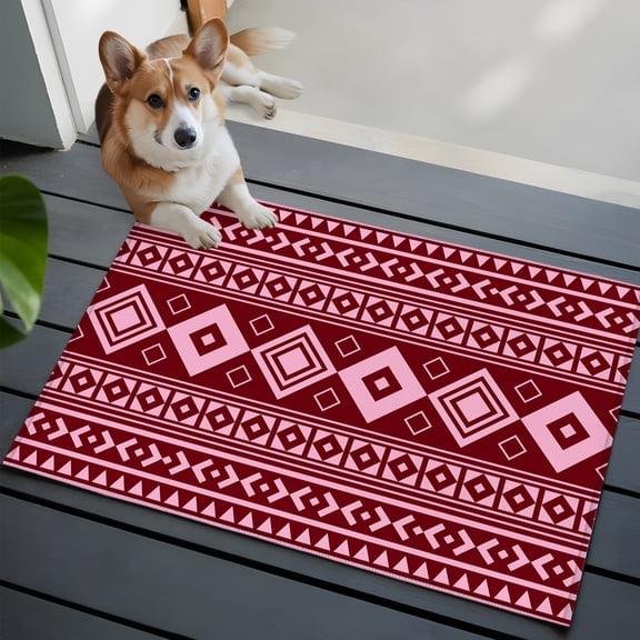 Pink Boho Washable Entry Rug 2x3 Moroccan Geometric Striped Folk Modern Farm Maroon Low-Profile Area Rugs with Non Slip Backing Indoor Floor Carpet for Entrance Living Room Bedroom Home Office