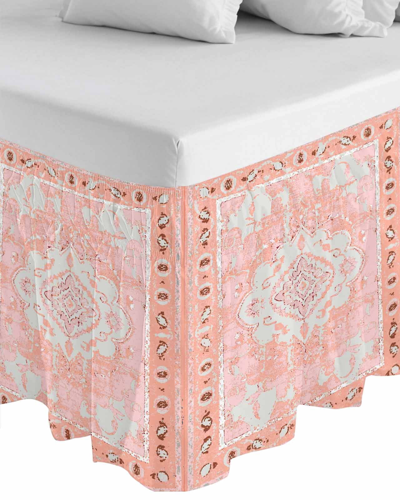 Pink Boho Wrap Around Bed Skirts for Queen Bed 18" Drop,Bed Skirt with Adjustable Elastic Belt Dust Ruffle Bed Valance for Bedroom Hotel Vintage Abstract Tribal Decorative Oriental Bed Frame Cover